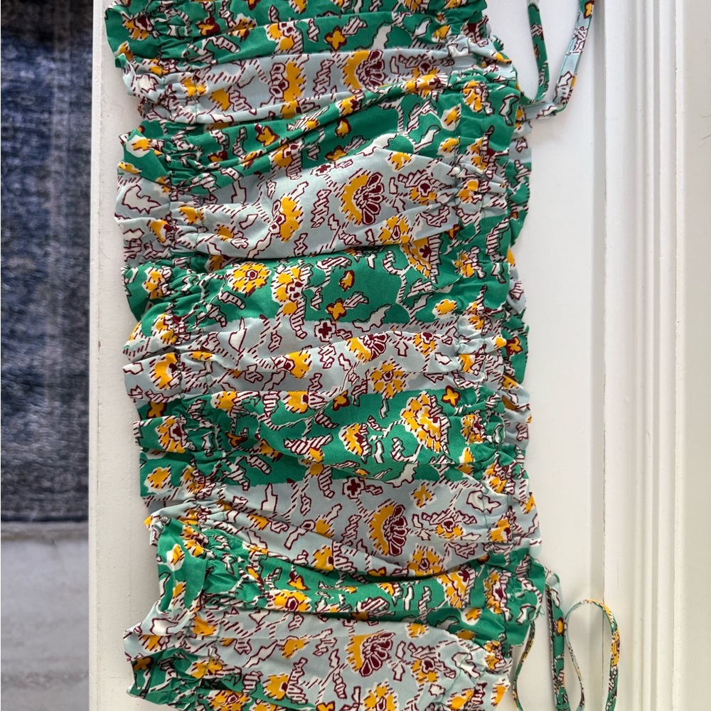 Green and Yellow Ruched Floral Dress